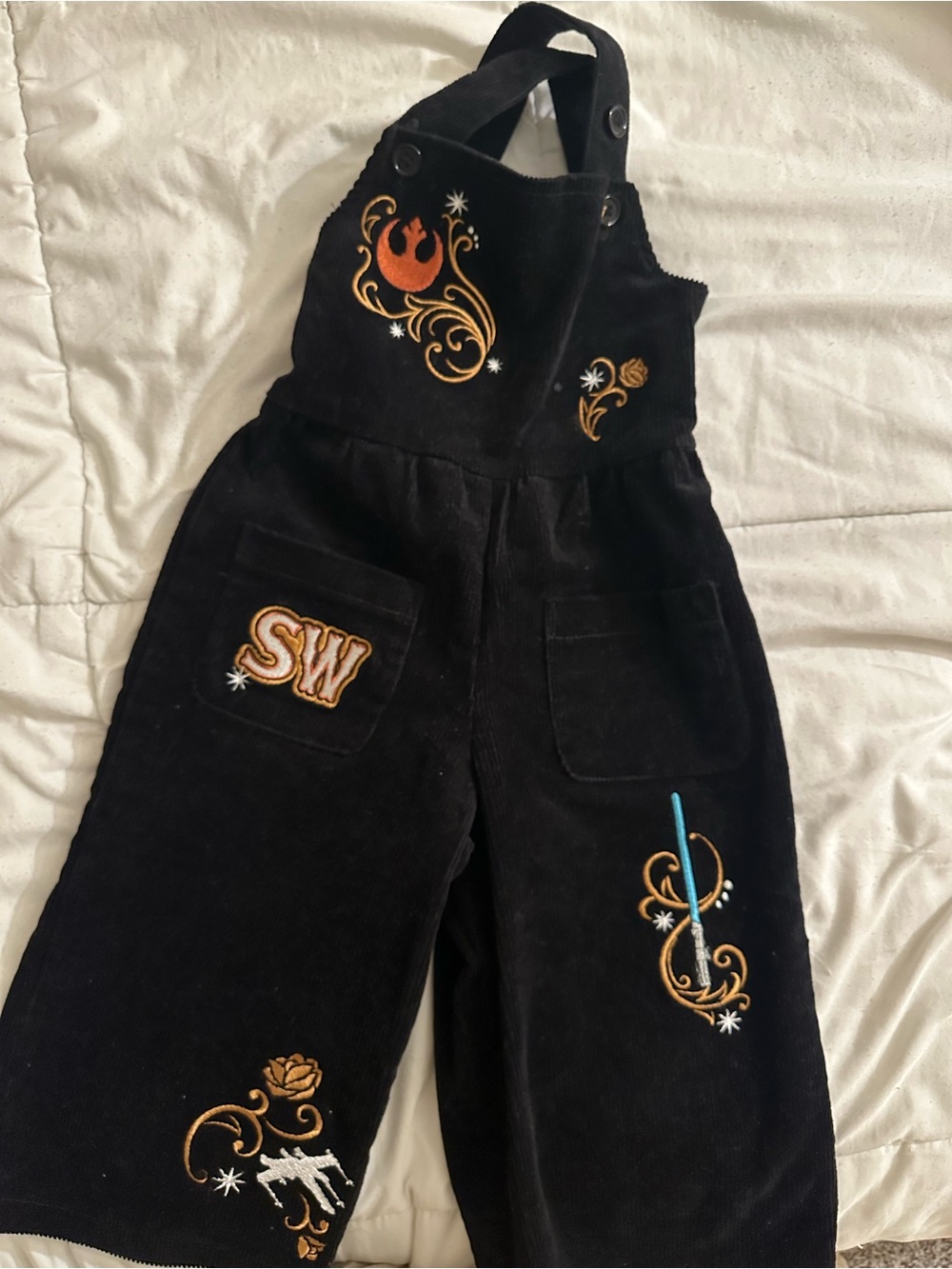 Star Wars Toddler Black Embroidered Corduroy Overalls with Gold Accents